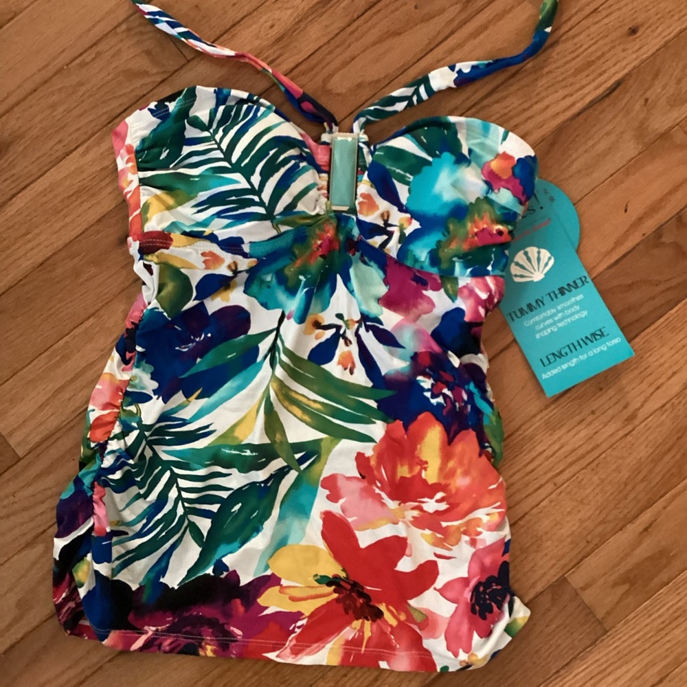 NWT “IT FIGURES” TUMMY THINNING RUCHED SIDES VIBRANT TROPICAL TANKINI